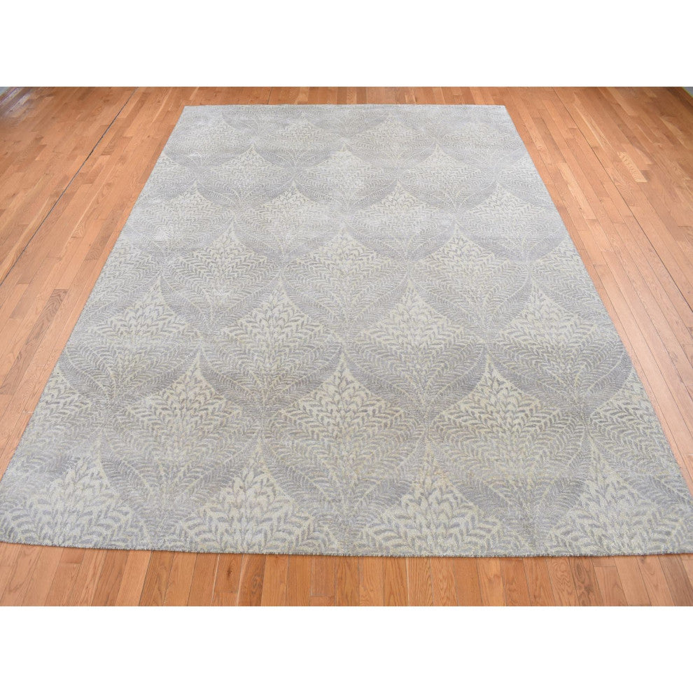 Silver Gray, Gold Leaf Design, Pure Silk, Hand Knotted, Rug, 8'10"x12'1"
