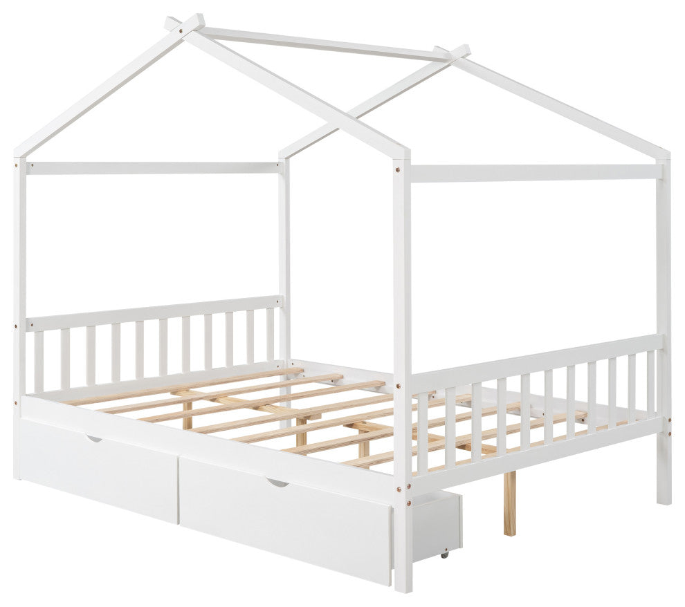Gewnee Full Size House Platform Bed with Two Drawers,Headboard in White