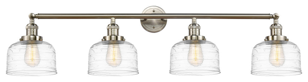 Large Bell 4 Light Bath Vanity Light, Brushed Satin Nickel, Clear Deco Swirl