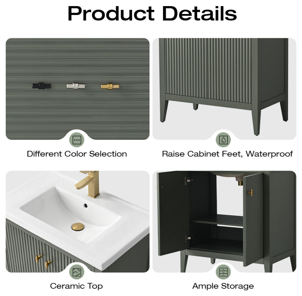 Vanity Art Freestanding Vanity, Vintage Green, 30", Single Sink, Matte Black