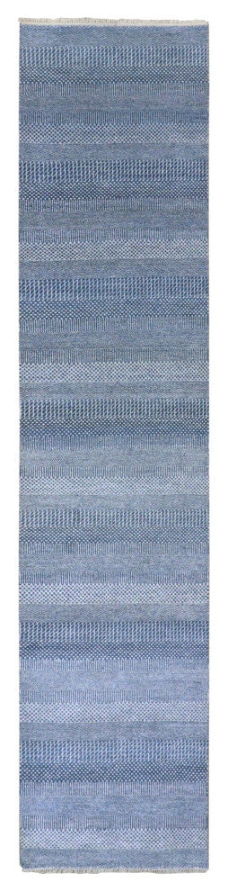 Penn Blue Modern Grass Dyed Wool and Silk Hand Knotted Runner Rug, 2'7"x11'11"