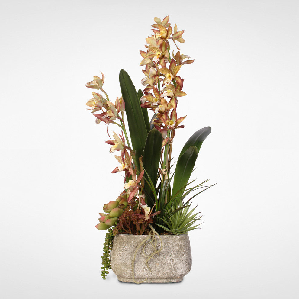 Green & Dusty Brown Silk Cymbidium Orchid & Succulents withPebbles in Cement Pot