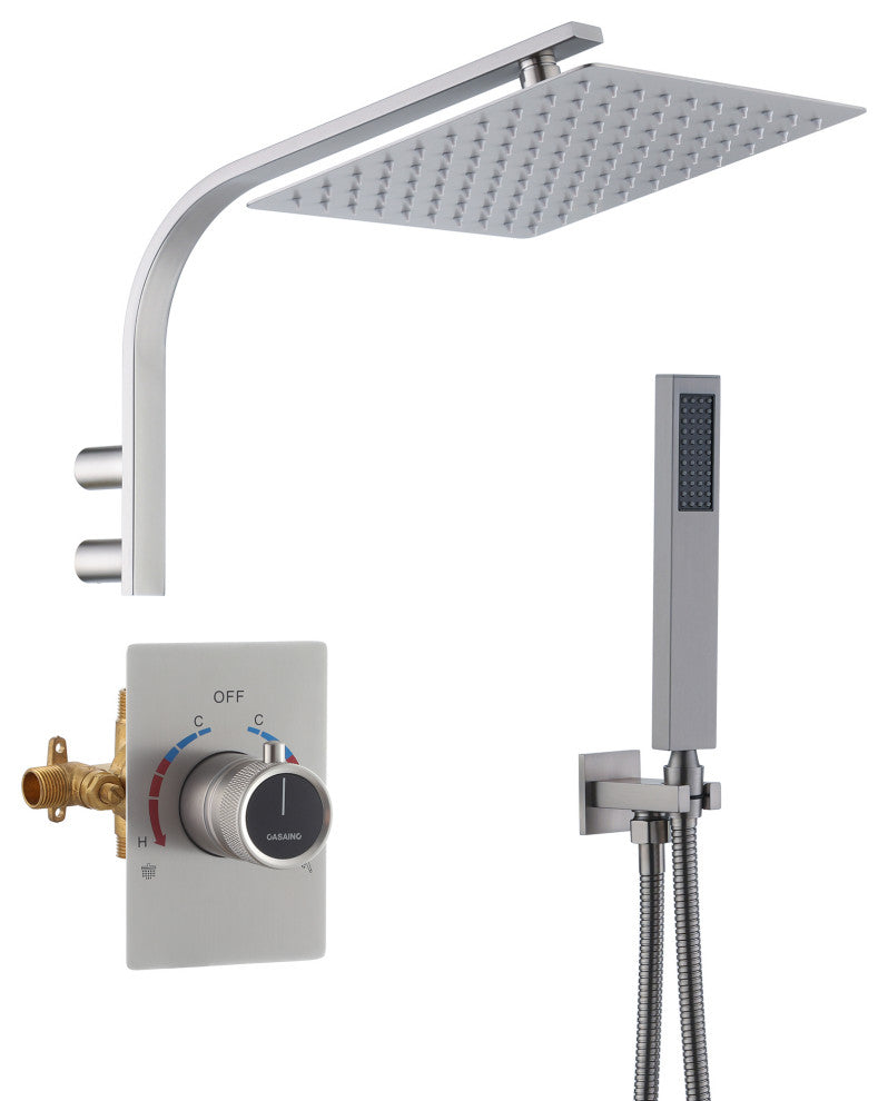10inch Wall Mounted Rain Shower System With Handheld & Unique Shower Arm, Brushed Nickel