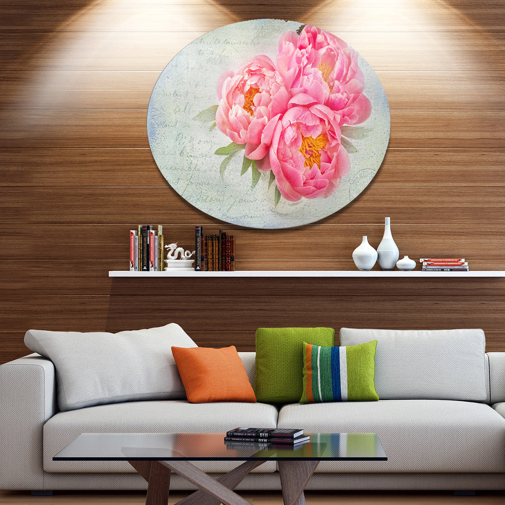 Pink Peony Flowers In White Vase, Floral Large Disc Metal Wall Art, 11"