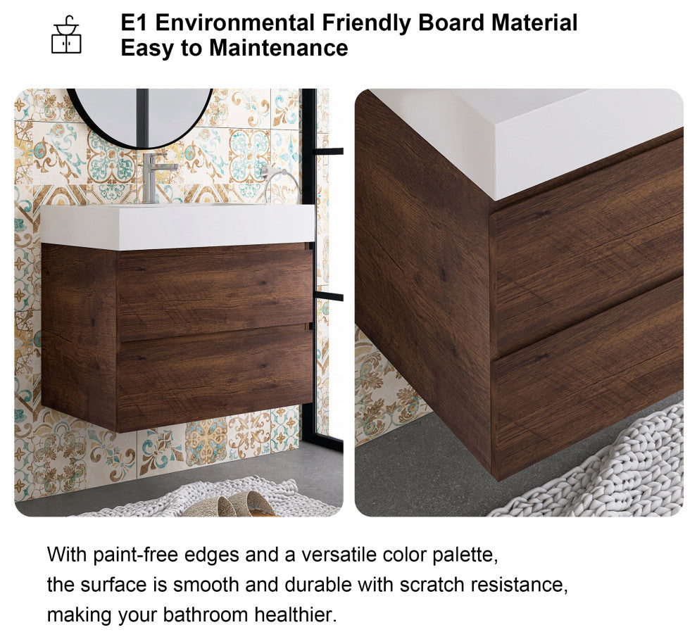 Wood Wall-Mounted Bathroom Vanity Set with Integrated Resin Sink, Walnut, 30"