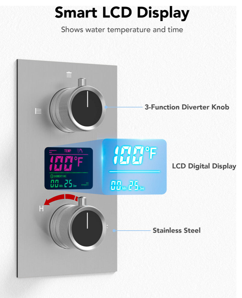 Digital Shower System 12" Rainfall Shower Head With 6 Body Jets, Brushed Nickel