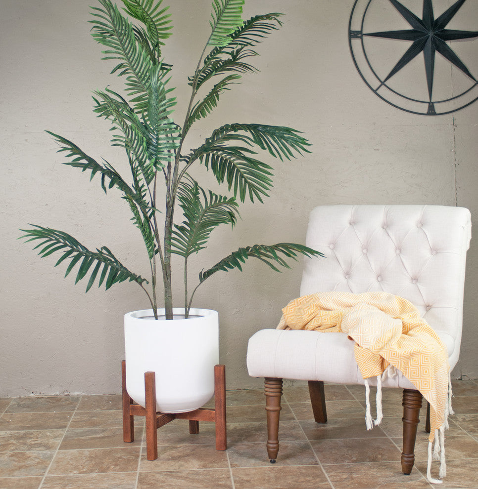 Extra Large Fiber Clay Pot 13'' White With Wood Plant Stand Set Walnut Color