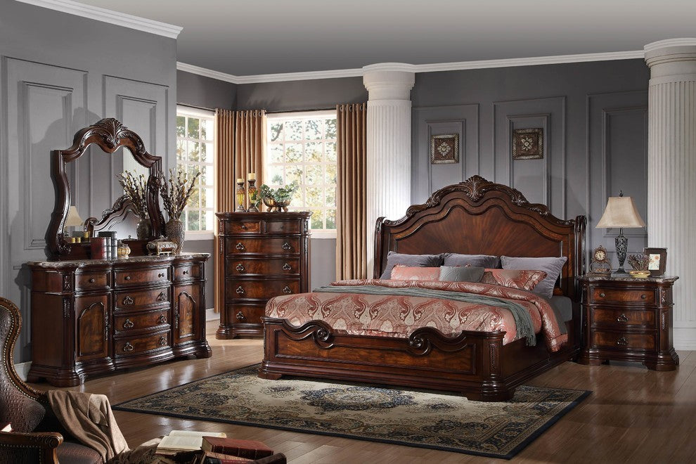 Barney''s Traditional Walnut Dresser and Mirror With Marble, 2-Piece Set