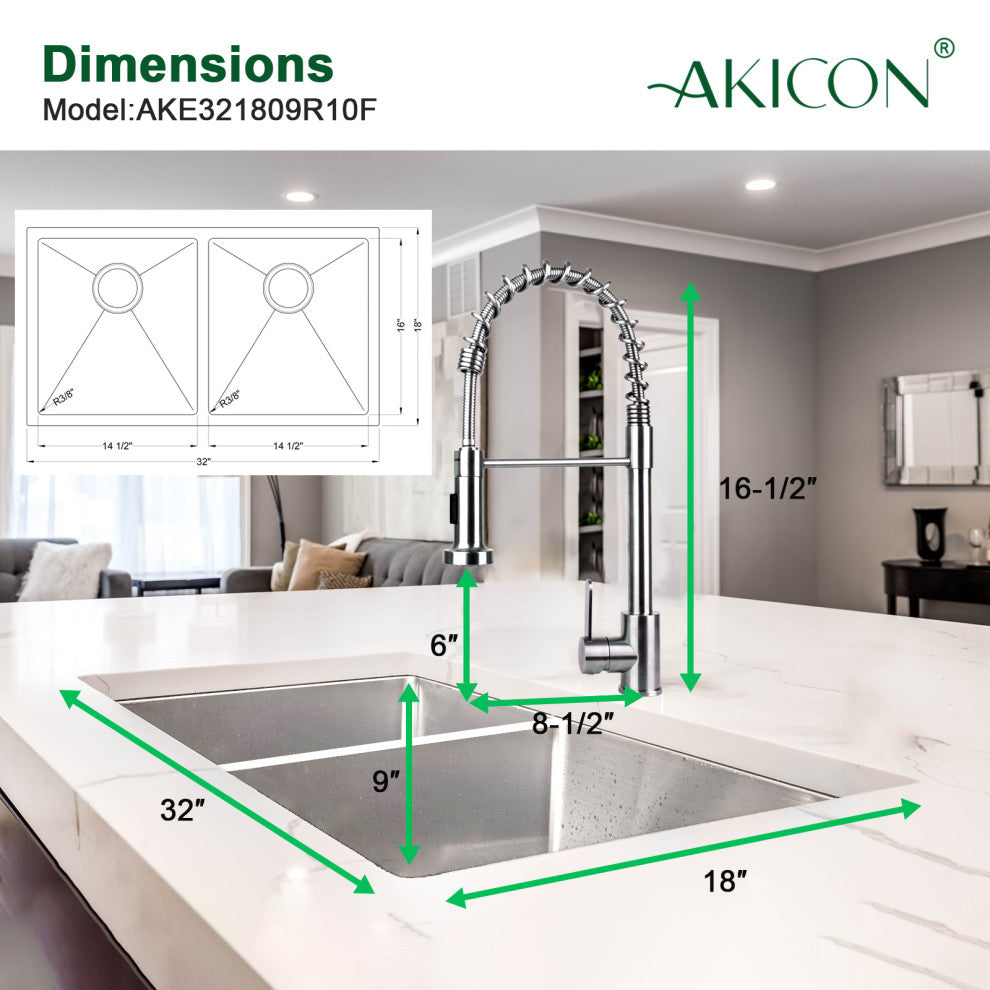 32"Undermount Kitchen Sink and Faucet  Drain AssemblyandStrainer, Bottom Grid