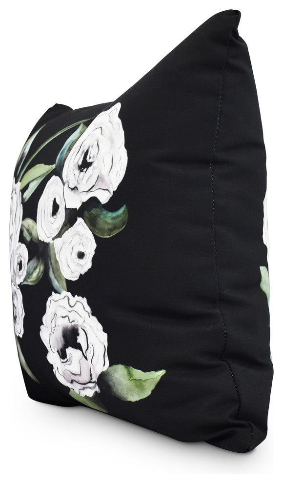 Radiant Rose Black Floral Print Decorative Outdoor Throw Pillow, 18"