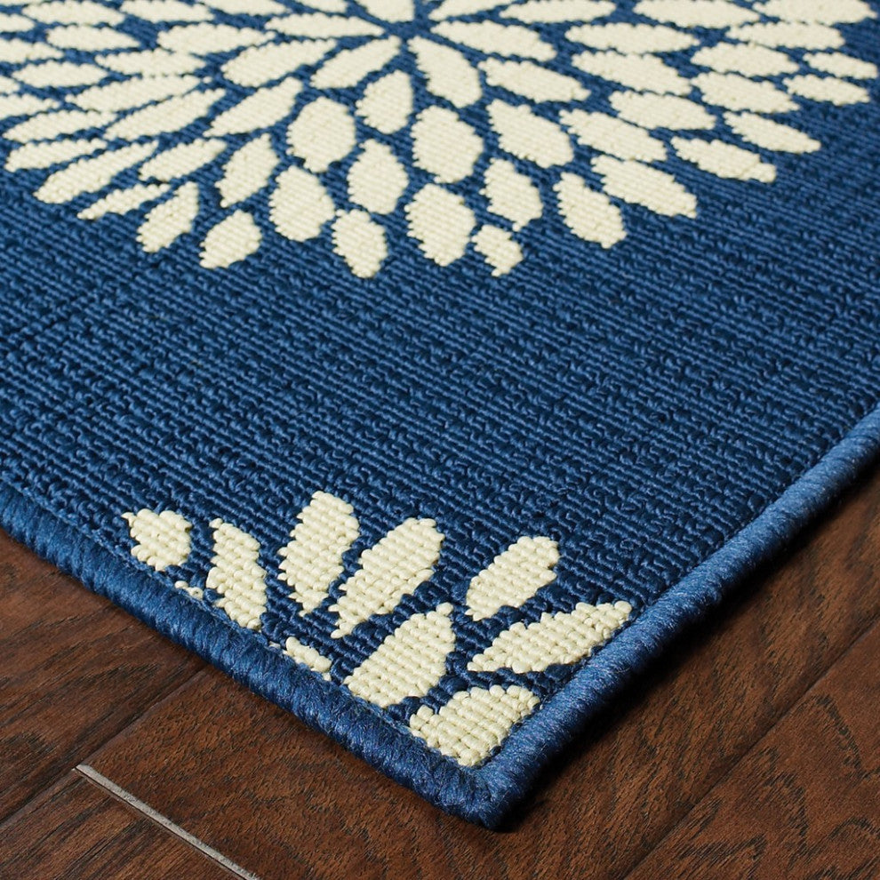 HomeRoots 7' x 10' Indigo and Lime Green Floral Indoor or Outdoor Area Rug
