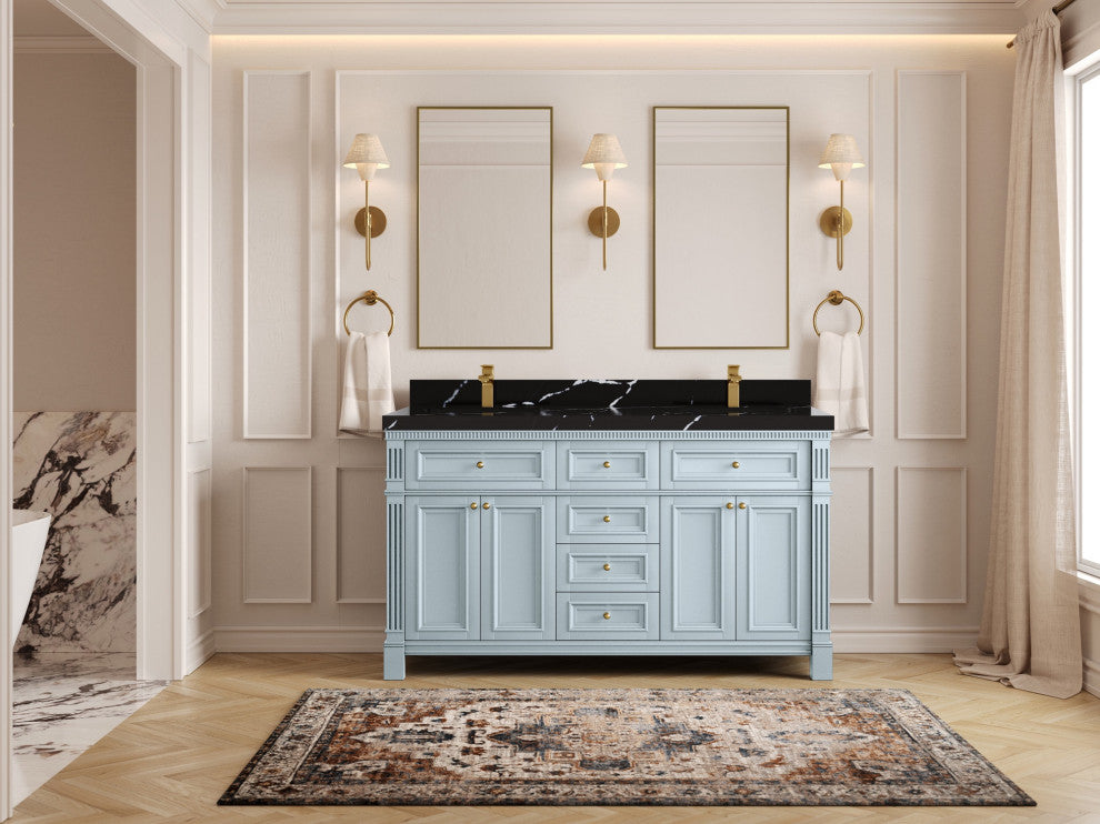 Paris 60" Double Sink Bathroom Vanity, Blue Heather 2" Calacatta Black
