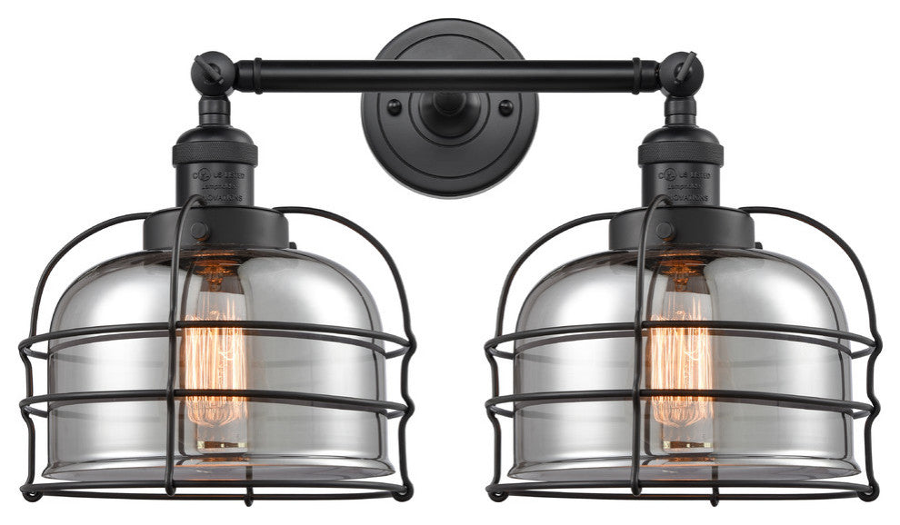 Large Bell Cage 2-Light Bath Vanity-Light, Matte Black, Plated Smoke