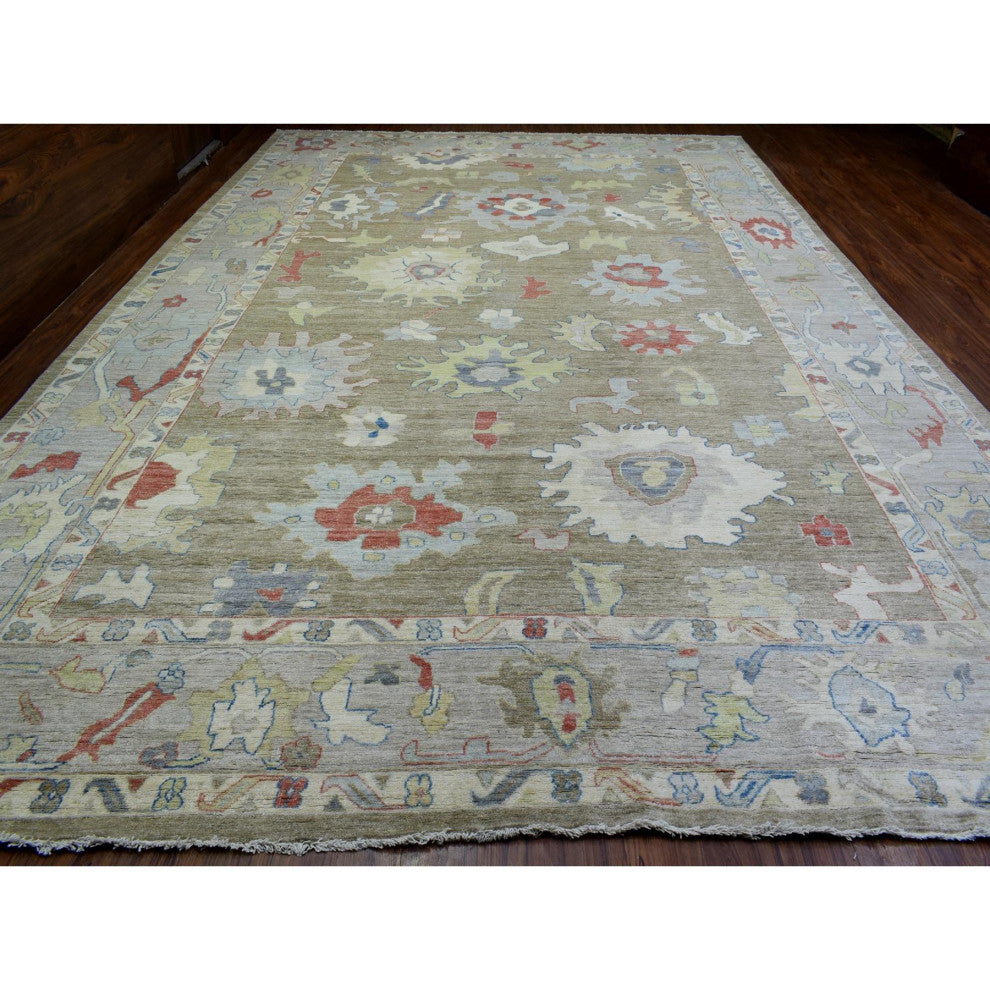 Taupe Hand Knotted Wool Afghan Angora Oushak Oversized Oriental Rug, 12'x17'6"