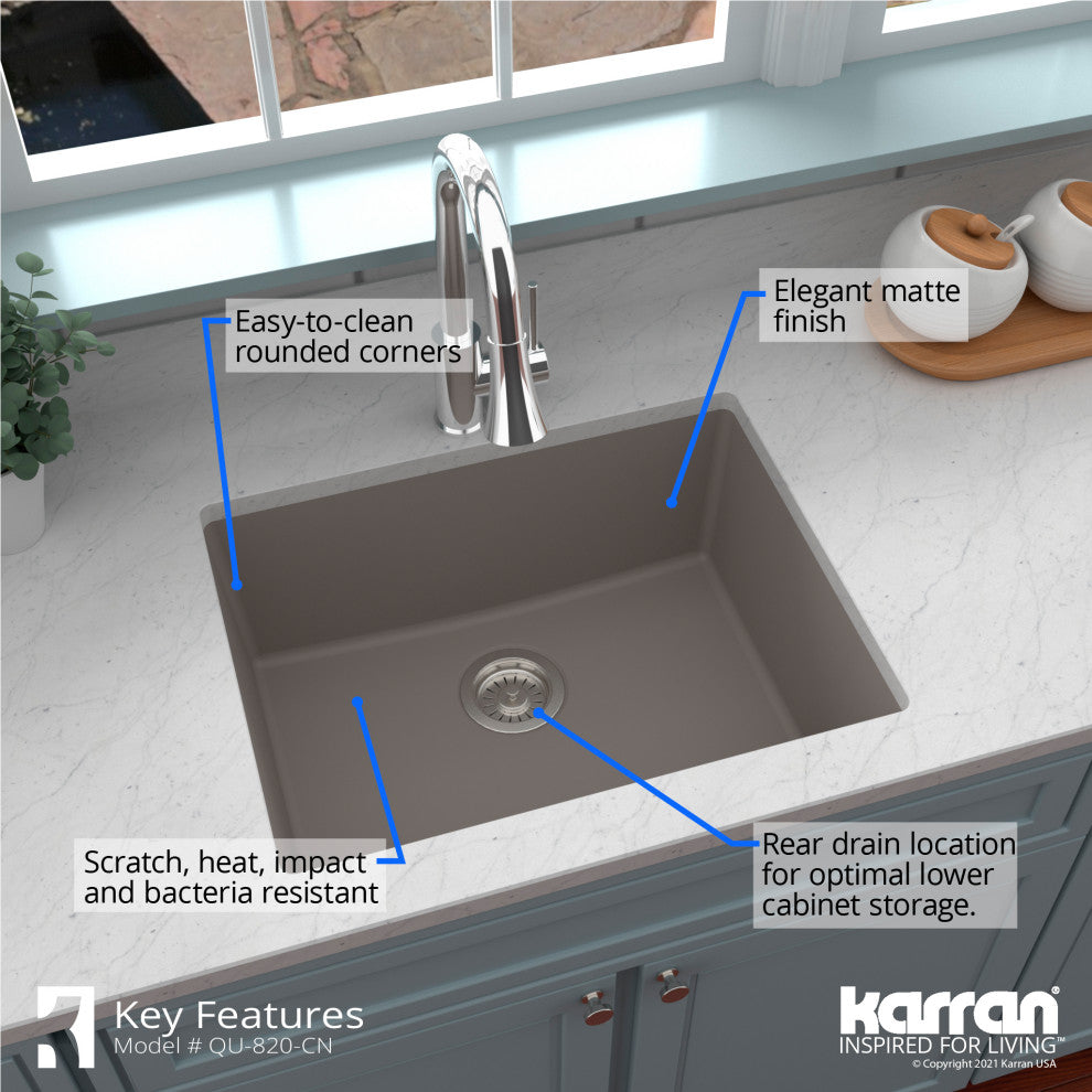 Karran QU-820 Undermount 24.38, Single Bowl Quartz Sink Kit, Concrete