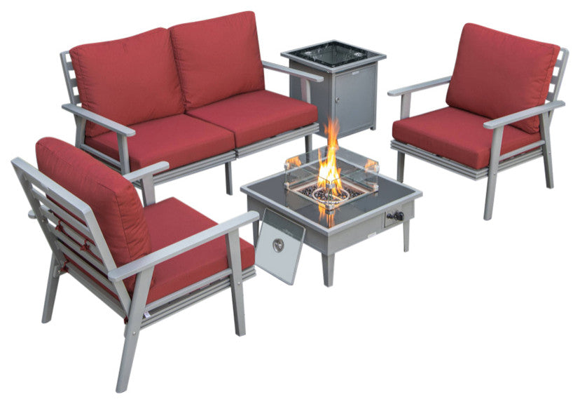 LeisureMod Walbrooke Grey Patio Sofa Set With Square Fire Pit Table, Red