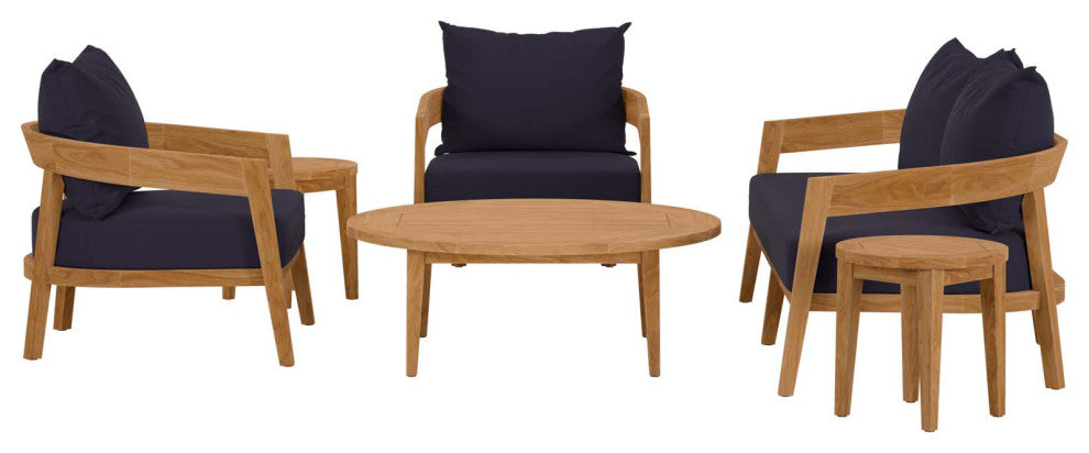 Sectional Sofa Chair Table Set, Blue Navy Natural, Teak Wood, Outdoor Patio