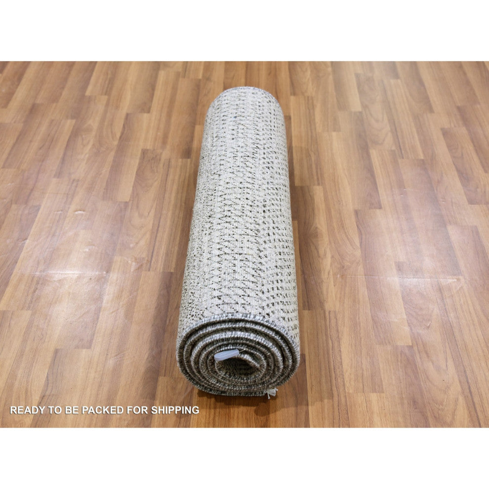 Power Gray Grass Design Hand Knotted Undyed Organic Wool Runner Rug, 2'7"x8'