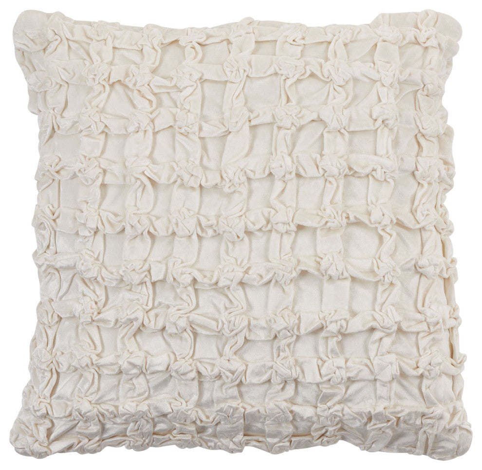 Smocked-Velvet Design Throw Pillow, Ivory, 20"x20", Down Filled