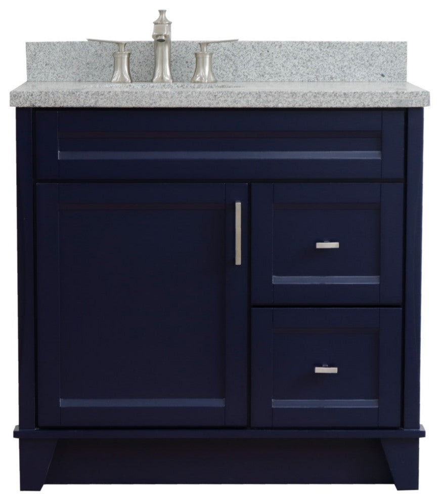 37" Single Sink Vanity, Blue Finish With Gray Granite And Left Door/Left Sink
