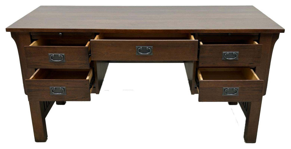 Mission Solid Quarter Sawn Oak Desk, Library Table With 5-Drawers Walnut