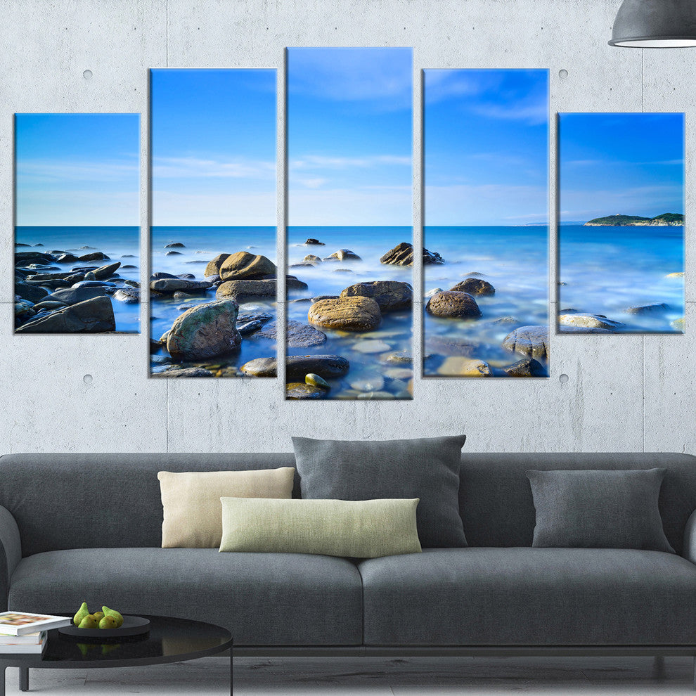 "Baratti Bay Rocks in Waters At Sunset" Seashore Wall Art, 5 Panels, 60"x32"
