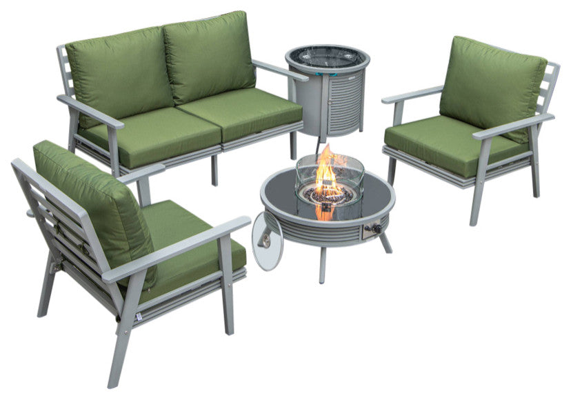 LeisureMod Walbrooke Patio Sofa Set With Round Fire Pit Table, Green