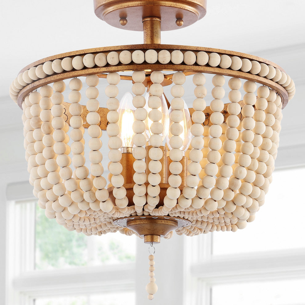 Allie 14" 3-Light Farmhouse Wood Bead/Iron LED Semi Flush Mount, Gold/Taupe