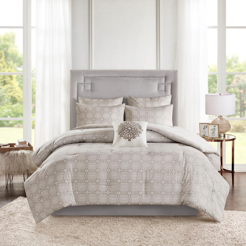 Madison Park Malia 6 Piece Embroidered Cotton Reversible Comforter Set, Ivory