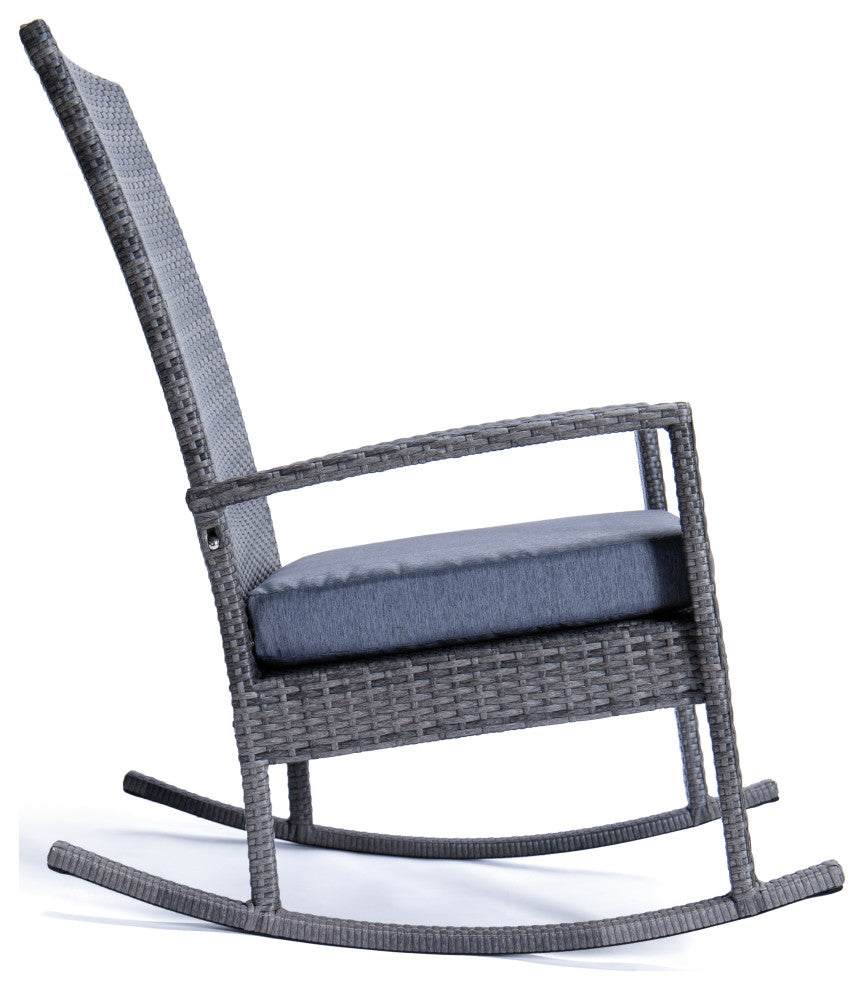 LeisureMod Duval Outdoor Wicker Rocking Chairs With Cushion, Charcoal Blue