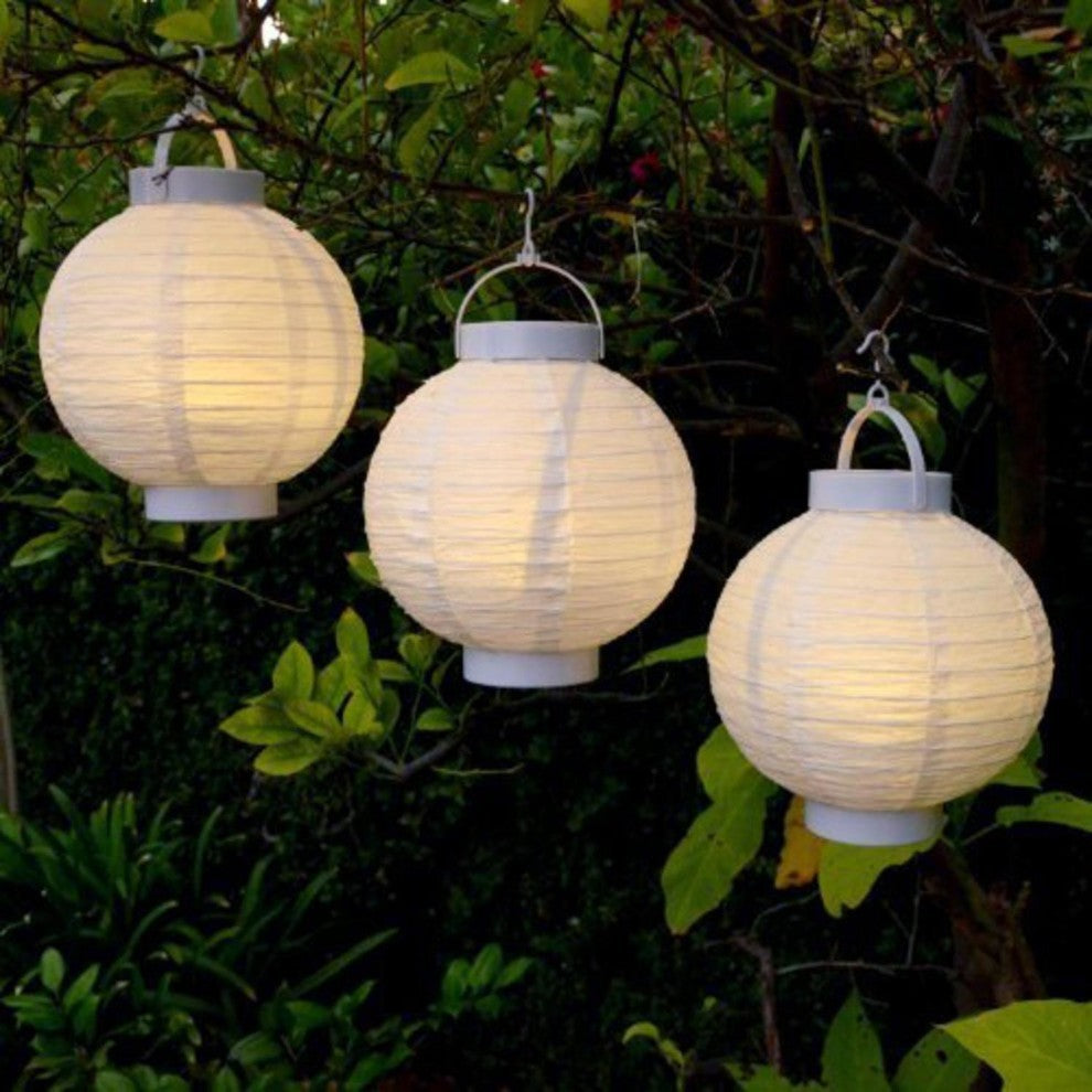 LED White Fabric Garden Patio Chinese Lanterns, Set of 3