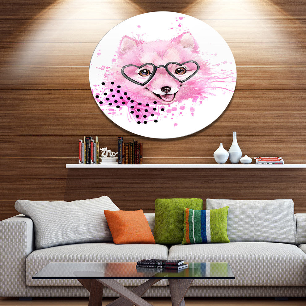Pink Dog With Heart Glasses, Animal Art Round Wall Art, 23"