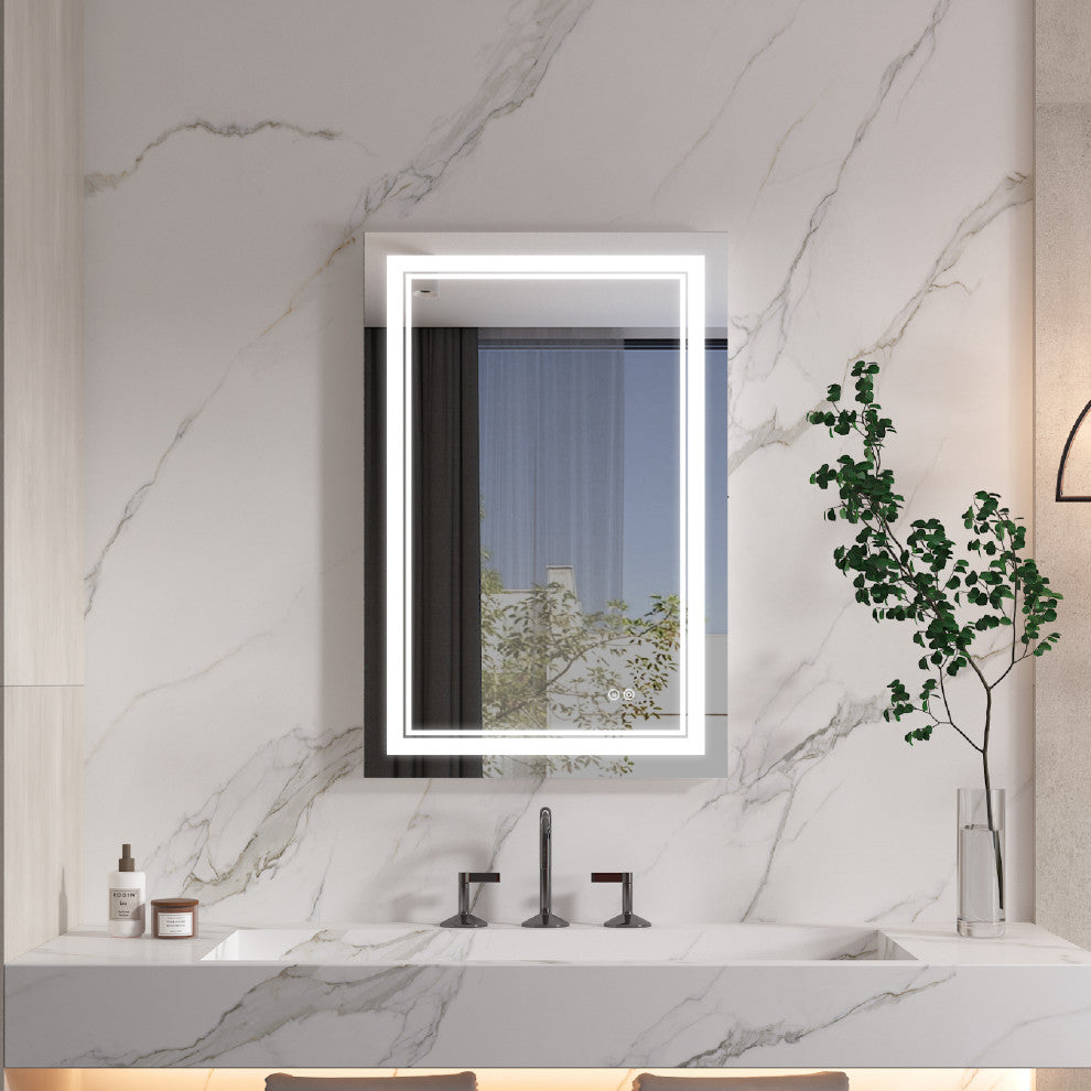 Frameless LED Lighted Bathroom Mirror With Defogger Dimmer, 28"x36"