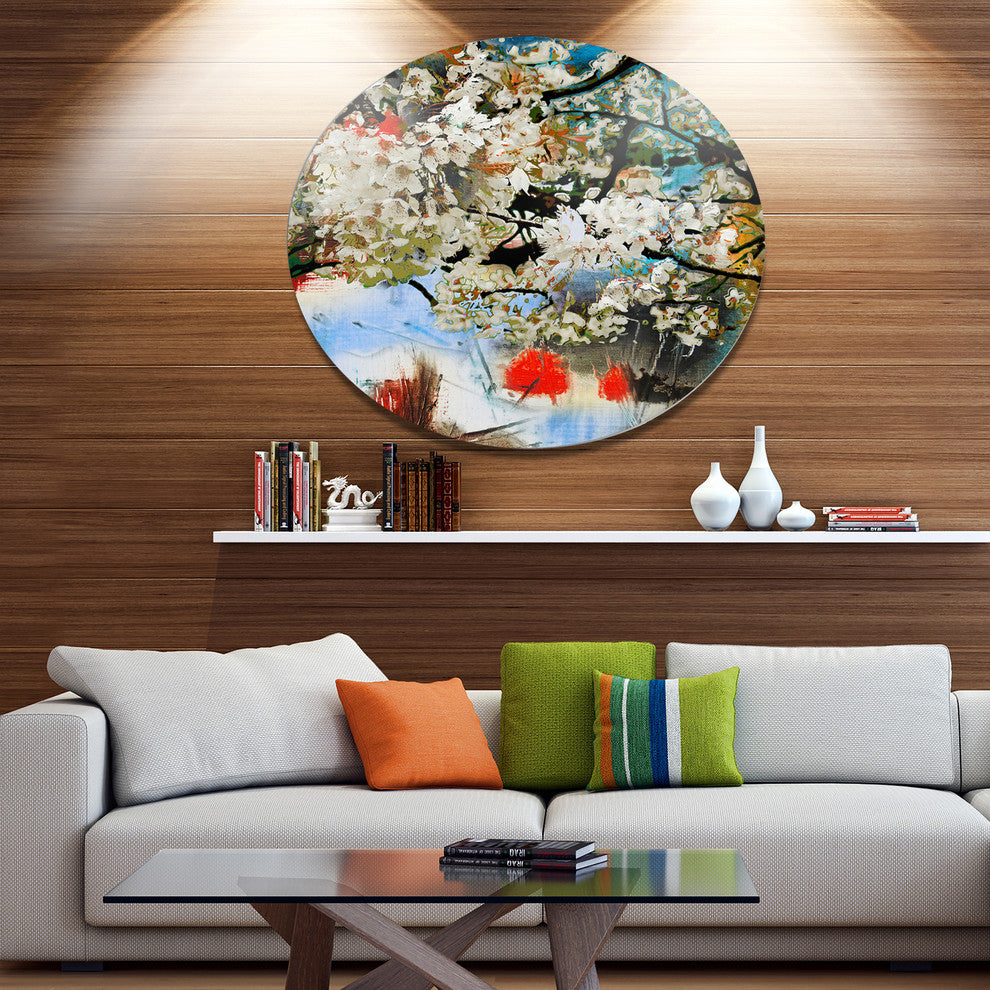 Spring Motif With Small White Flowers, Floral Disc Metal Wall Art, 38"
