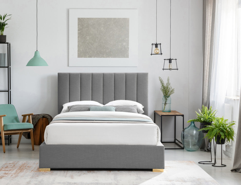 Pierce Linen Textured Fabric Upholstered Bed, Gray, Queen