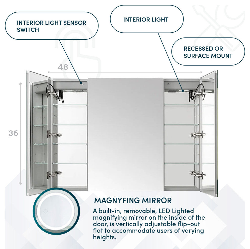 Signature Royale 48" LED Medicine Cabinet Defogger, Adjustable Magnifying Mirror