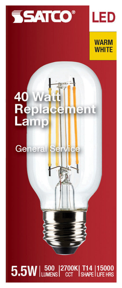 5.5W T14 LED, Clear, Medium Base, 2700K, 500 Lumens, 120V