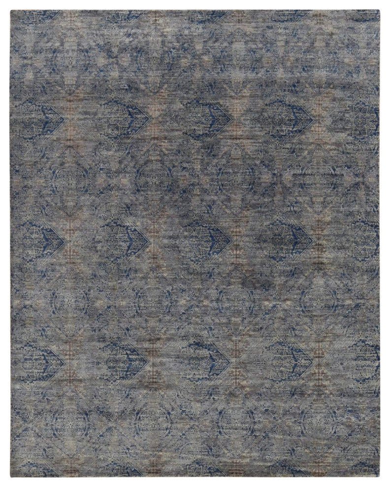 Blue Silk With Wool Erased Rosette Design Hand Knotted Oriental Rug 8'9"x12'