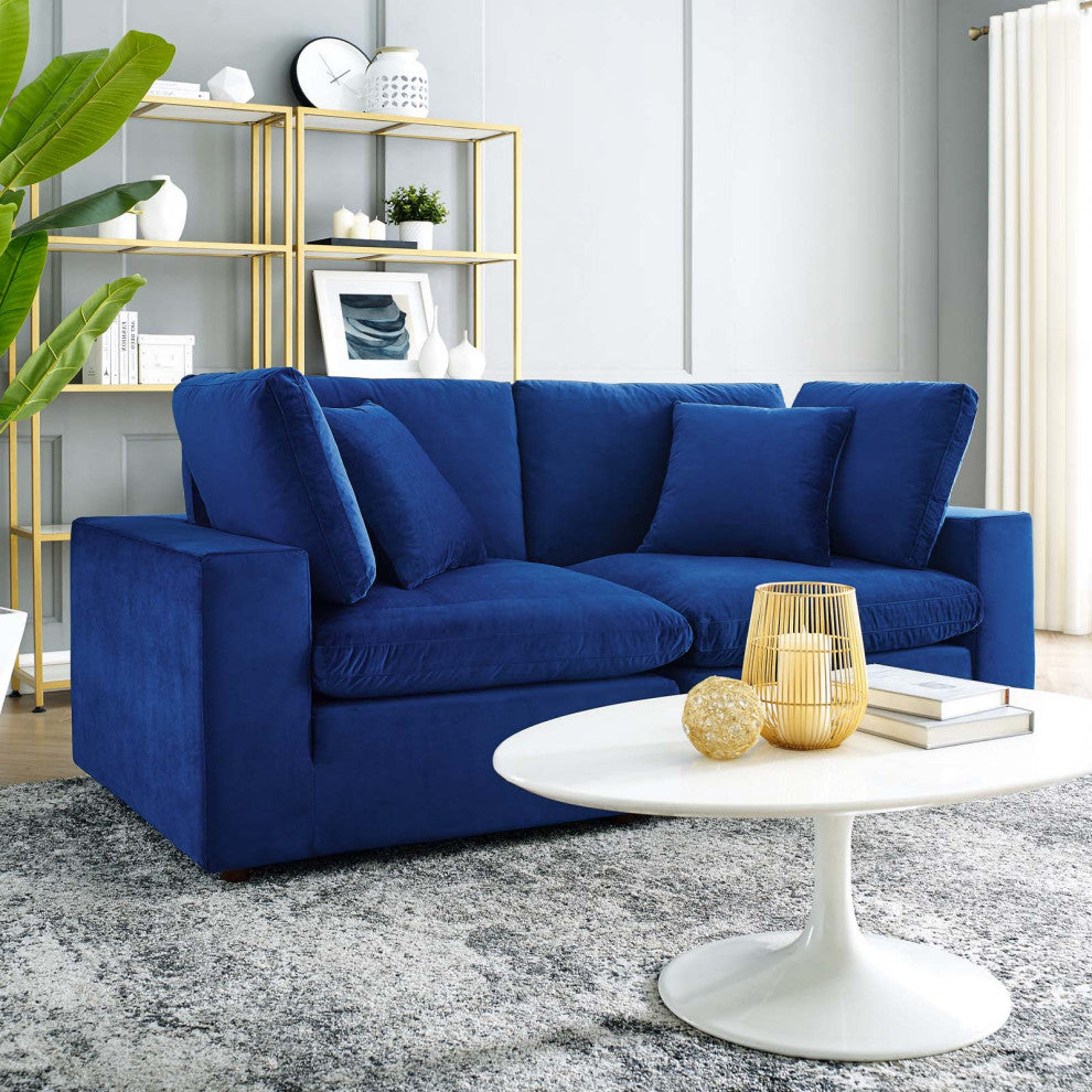 Loveseat Sofa, Velvet, Blue Navy, Modern, Living Lounge Hotel Lobby Hospitality