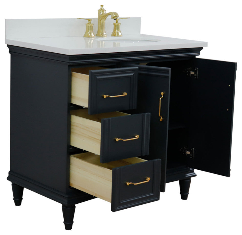 37" Single Vanity, Dark Gray Finish With White Engineered Stone Top