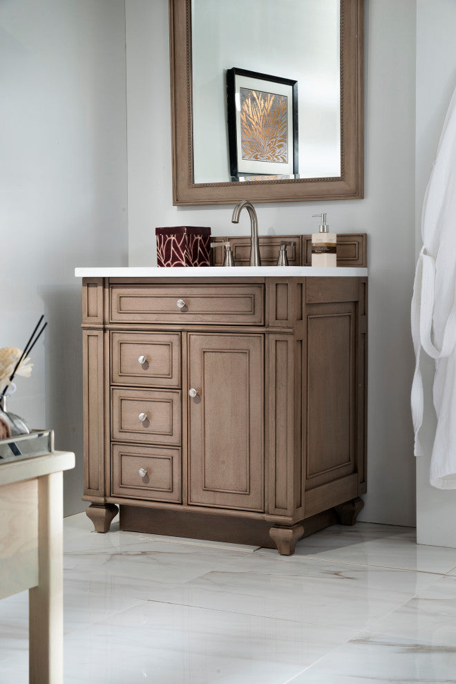 Bristol 30" Single Vanity Whitewashed Walnut, White Zeus Quartz