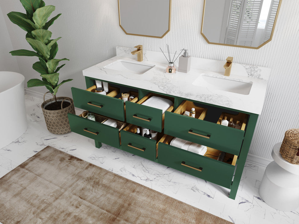 Parker 60 Double Sink Bathroom Vanity in Lafayette Green  2" White Quartz