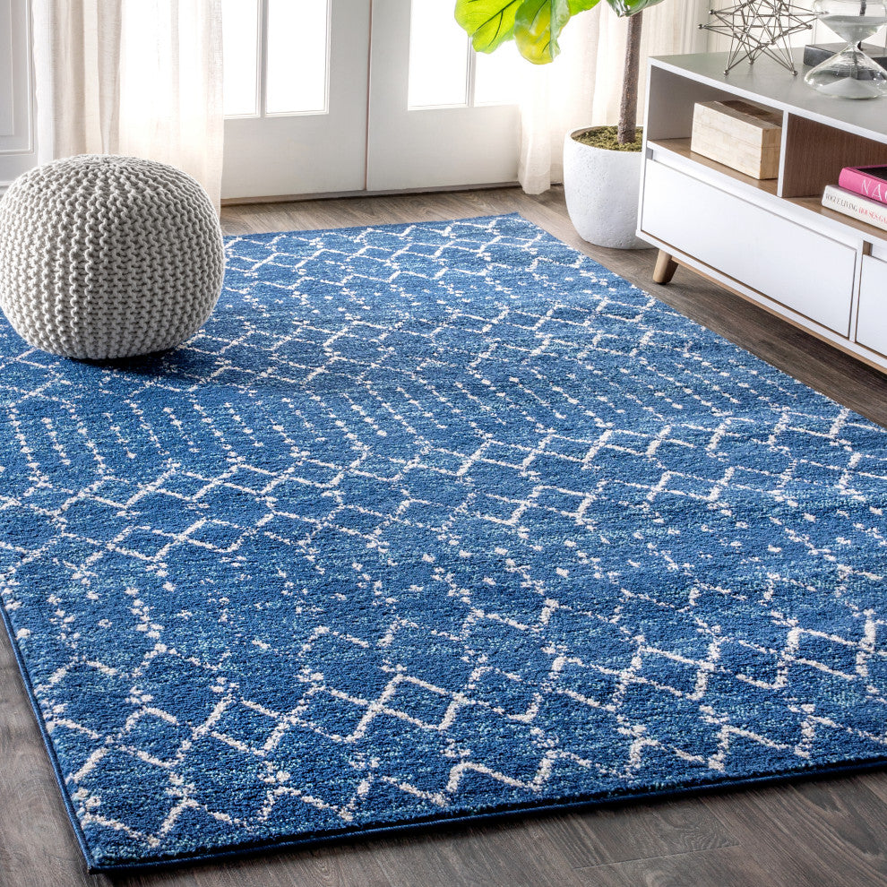 Moroccan HYPE Boho Vintage Diamond Runner Rug, Blue/White, 4 X 6
