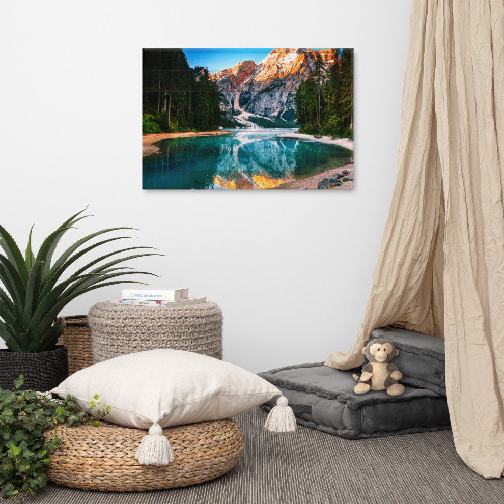 Faux Wood Misty Lake and Snow-cap Mountain Reflections Canvas Prints, 24" X 36"