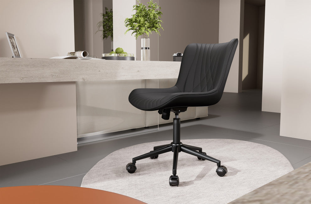 Younike Armless Upholstered Faux Leather Rolling Office Chair, Black