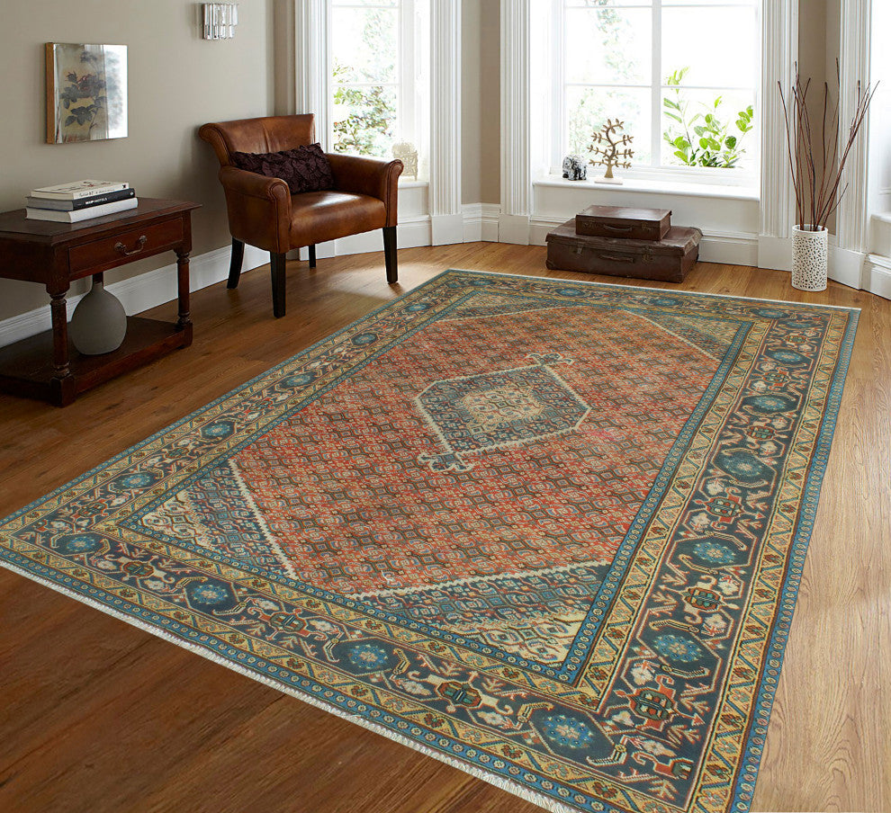 Fine Vintage Distressed Arezoo Rust/Navy Rug, 6'1x9'3