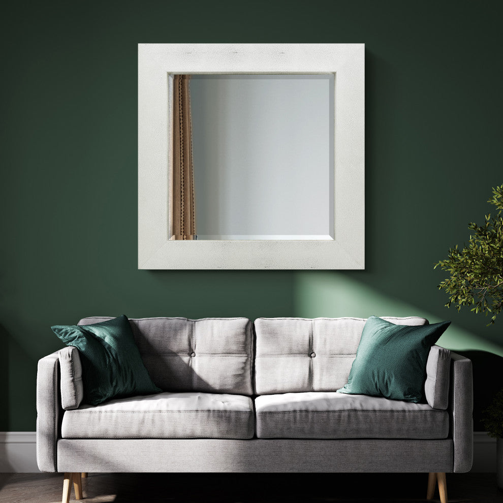 Beveled Wall Mirror,Silver on White Metallic Shagreen Leather Framed Mirror