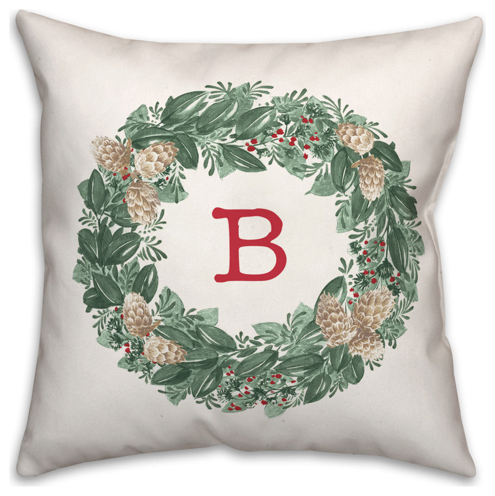 Christmas Wreath Monogram B 18x18 Spun Poly Pillow