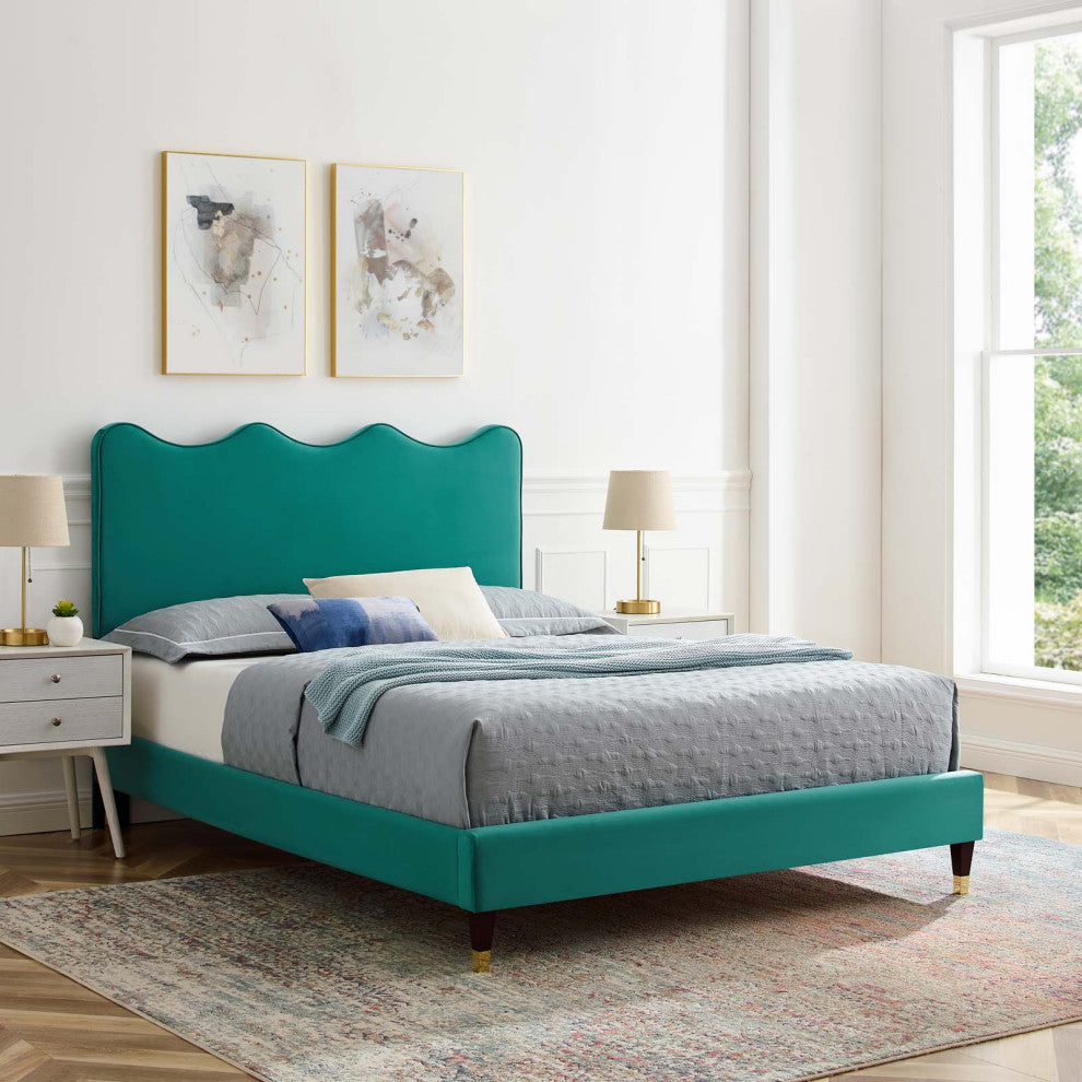 Platform Bed Frame, King Size, Teal Blue, Velvet, Modern, Bedroom Guest Suite