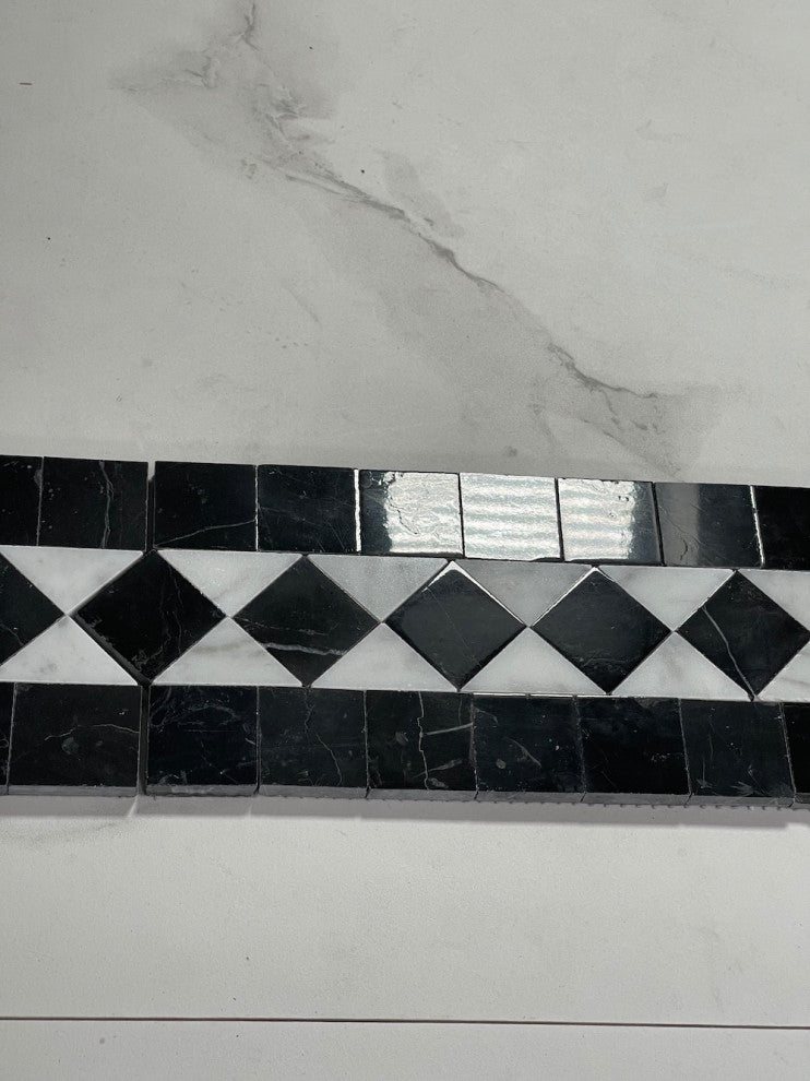 White Carrara Marble Classic Diamond Mosaic Border Listello Tile, 1 sheet